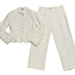 Carole Little White Linen Embroidered Pantsuit 90’s Wide Leg Tailored Fit Sz 6